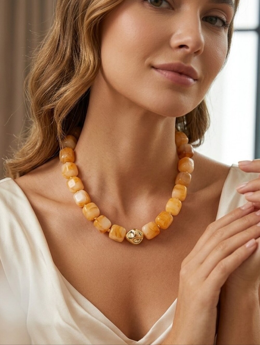 Gold Accent Honey Amber Beaded Necklace